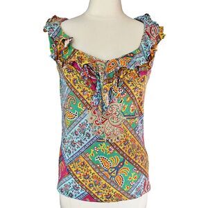 Ralph Lauren Ruffled Paisley Top Size L Sleeveless Boho Countrycore 100% Cotton
